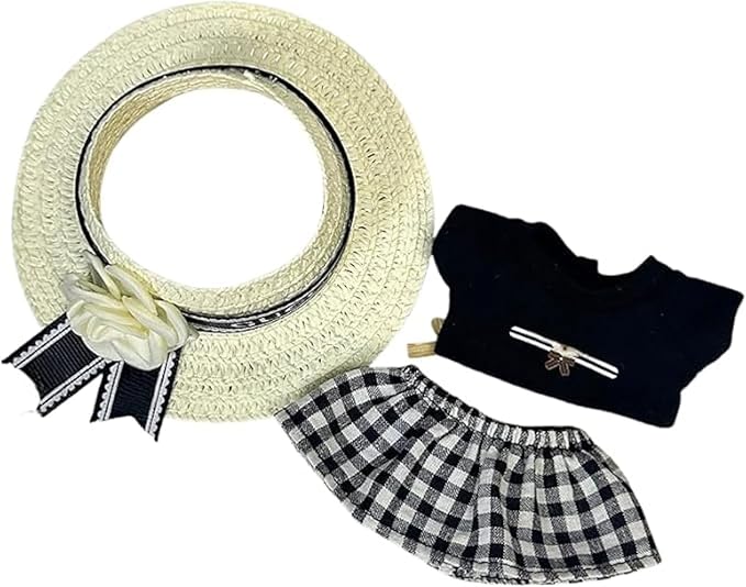 17cm/6.7in Clothes Set for Dolls - Cute Hat & Overalls Outfit, Soft Premium Fabric Dress Up Accessories Suit, Easy On/Off, NO Doll Included (Black Straw hat)