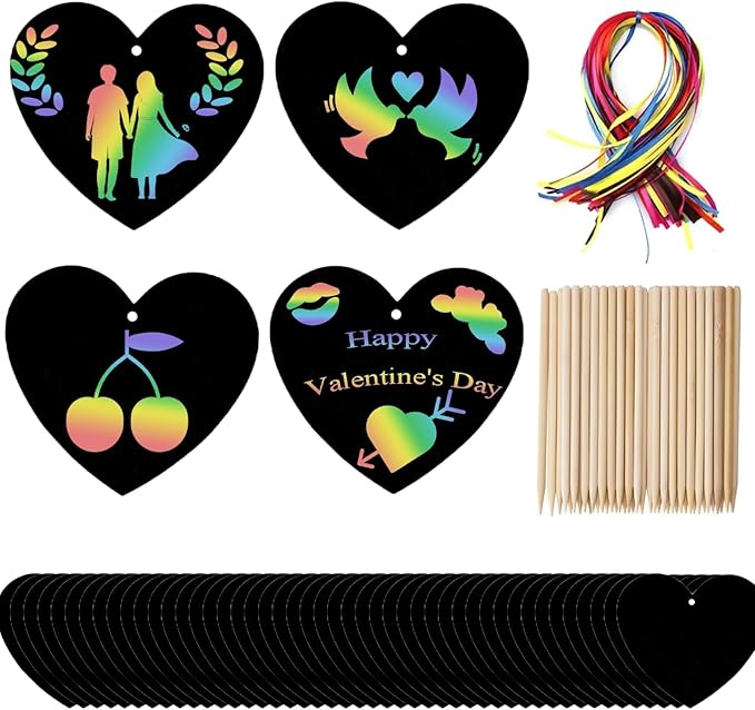 Naturahand 50 Rainbow Scratch Paper with 10 Wooden Scratch Sticks and 50 Red String, Heart Shaped Scratch Off Cards for Valentine DIY Decorations and Art Party Favors(H-1)