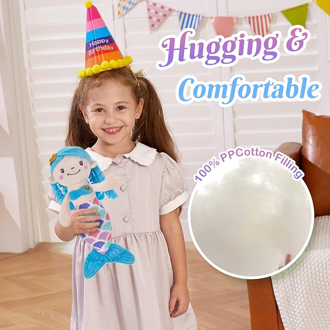 Athoinsu Blue Mermaid Stuffed Animal Soft Cute Mermaid Princess Plush Doll Toy Birthday Valentine's Day Gifts Decors for Girls Kids Toddlers, 12''