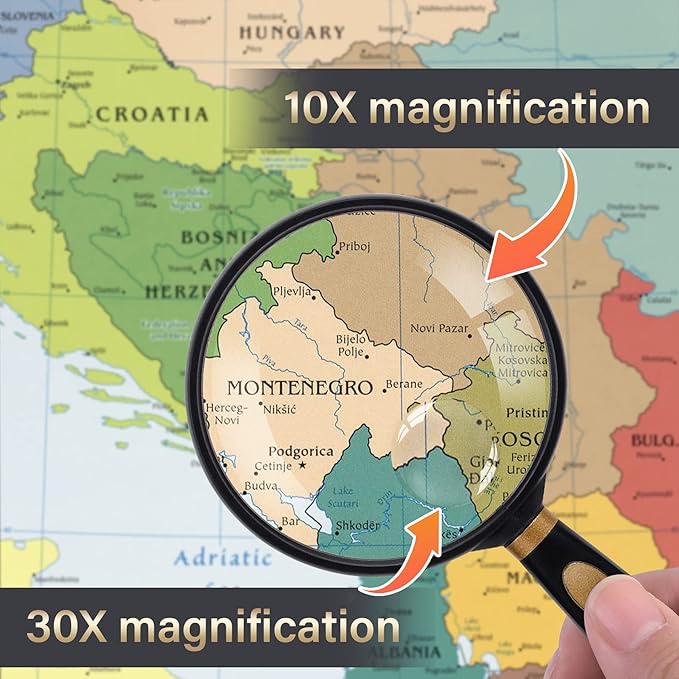 Feosky Handheld Reading Magnifier, 10X 30X Magnifier, 75mm Shatterproof Lens, Non-Slip Handle for Adults Close Work, Seniors Reading and Kids Nature Exploration, Hobby Observation(Gold)