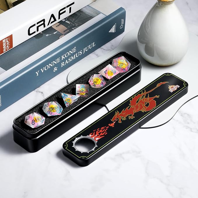 Resin DND Dice Set DNDND Handmade Flower Sharp Edge D&D Die with Gift Case for D&D Dungeons and Dragon Tabletop Games (Chrysanthemum)