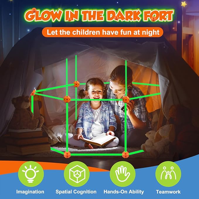 Fort Building Kit for Kids - 100 Pcs Glow in The Dark Creative STEM Building Toys, Fun Fort Indoor Outdoor Toys Gift for Boys & Girls Age 5 6 7 8 9 10 Year Old