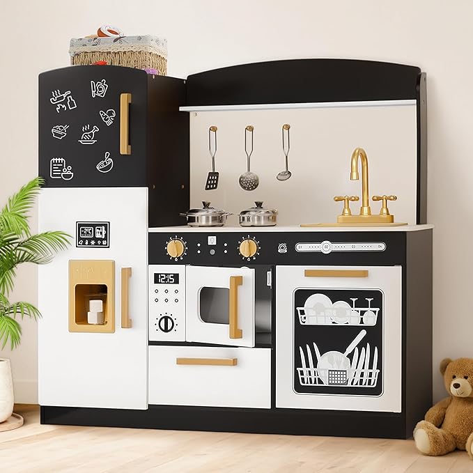 Kinder King Wooden Kids Play Kitchen, Toy Kitchen Playset for Toddler, Play Kitchen Set w/Blackboard, Transparent Coloring Board, Pretend Dishwasher, Oven, Ice Maker, Gift for Boys Girls Age 3+, Black