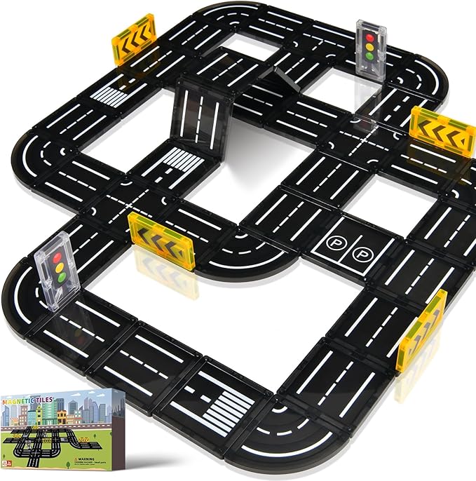 Magnetic Tiles Road Expansion Pack, Magnetic Building Blocks Construction Toys for 3+Year Old Boys Girls, Kids Toy Montessori Toys for Toddler.
