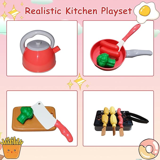 Kids Kitchen Toy Accessories, 61PCS Toddler Pretend Cooking Play Pots, Kitchen Playset, Play Pots, Pans, Utensils Cookware Toys, Play Food Set, Vegetables, Learning Gift for Girls Boys (Red)