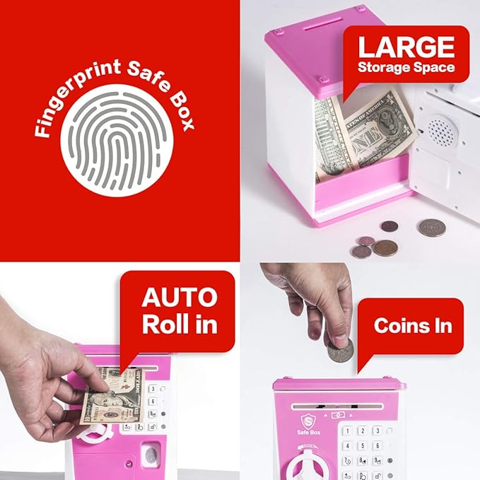 Toy Safe Box, Electronic ATM Piggy Bank, Money Coin Savings Bank, Finger Print Scanner Lock, Great Gift for Children Kids (Pink/White)