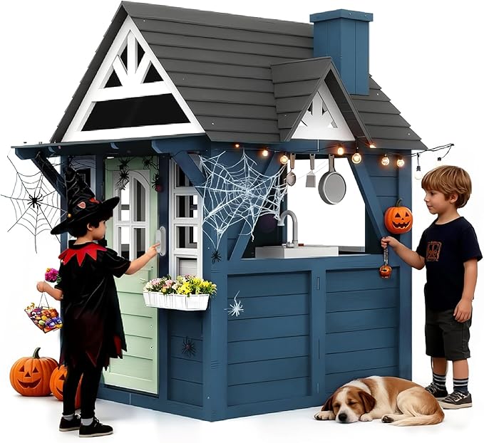 Kids Playhouse Outdoor,Wooden Play House Playset for Kids, Large, Sturdy, Realistic Design with Kitchen, Doorbell, Flower Pot, Stove, Sink & Clock, Perfect for Kid Ages 3-8 (Blue)