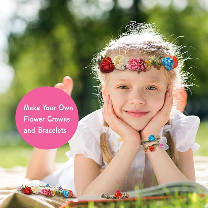 EggSun Flower Crown Making Kit for Girls Kids Gift Tea Party Spring Craft Bracelet DIY Fairy Flower Crown Kit Kids Birthday Party Floral Hair Arts Crafts Spring Easter Gift for Girls 5 6 7 12 Year Old