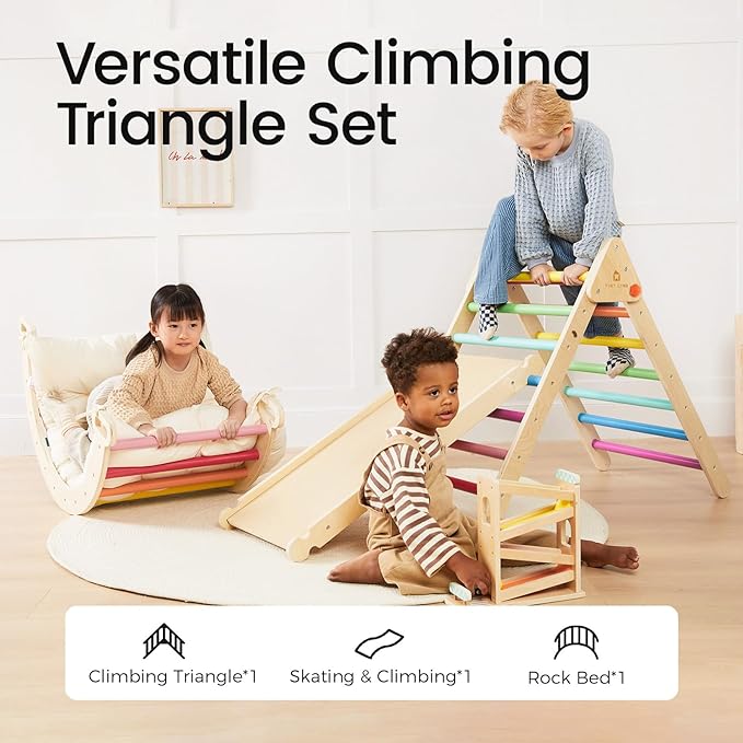 Tiny Land Pikler Triangle Set, 7-in-1 Foldable Pikler Triangle Climbing Toys Set for Kids,Baby Indoor Playground Jungle Gym, Wooden Montessori Climbing Set for Toddler (Rainbow)