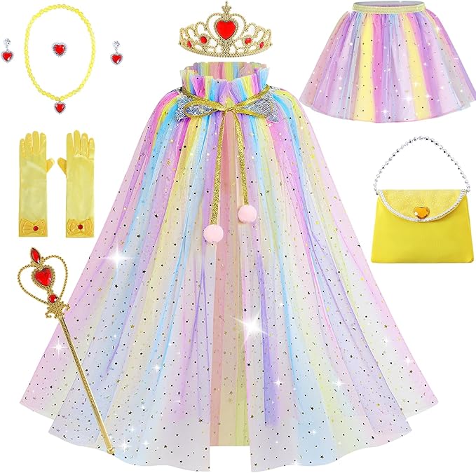 Princess Cape Set for Little Girl, 11PCS Princess Dress Up Clothes Cape Clock with Skirt for Girl 3-8 Birthday Gift