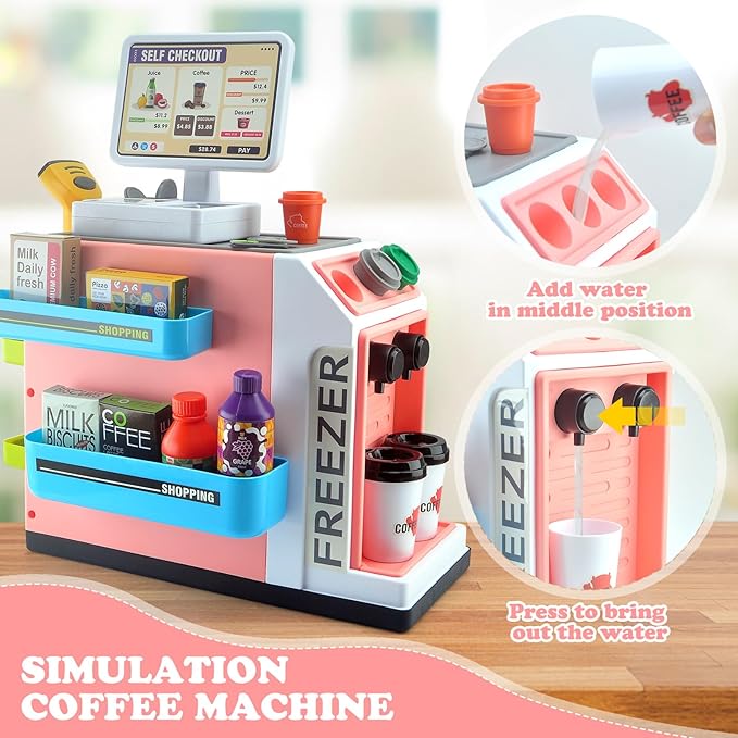 Pretend Play Cash Register Toy Set with Scanner, Play Money, Calculator, Coffee Machine and Play Food for Kids Ages 3+ (Pink)