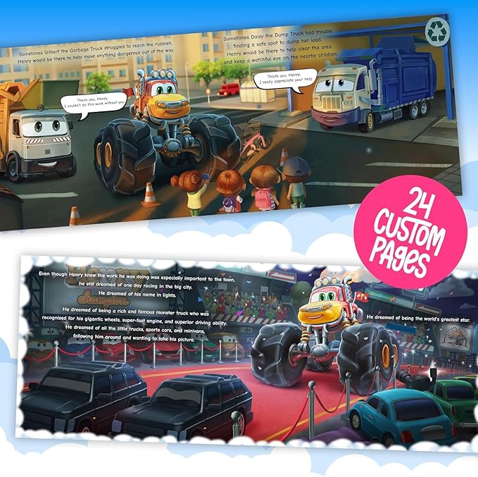 STORYBUG Personalized Monster Truck Story Book - Kids Custom Book with Name in The Story, 11in x 8.5in, Blue
