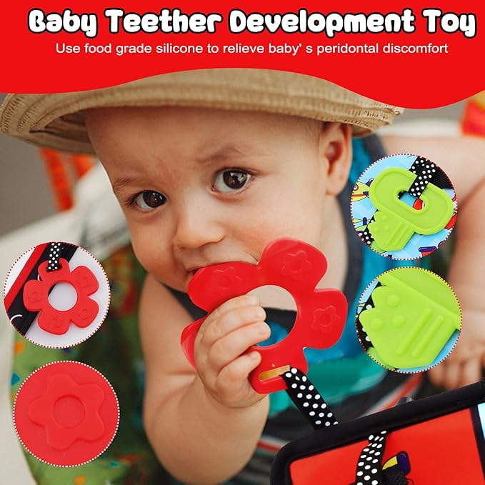 Tummy Time Floor Mirror with Crinkle Cloth Book and Teethers, Double-sided Baby Mirror Black and White High Contrast Baby Toys, Folding Crawling Activity Mat for Infants 3 6 12 Months (B-Mirror+Book)