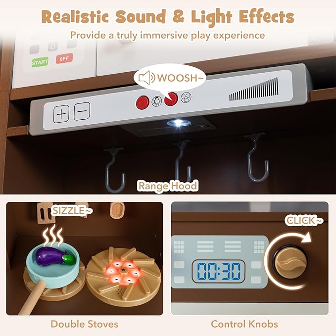 Costzon Corner Kitchen Playset, Kitchen Toy Set w/Real Lights & Sounds, Large Fridge, Ice Maker, Oven, Microwave, Washer, Trash Can & 22 Accessories, Wooden Pretend Play Kitchen for Kids 3+ (Brown)