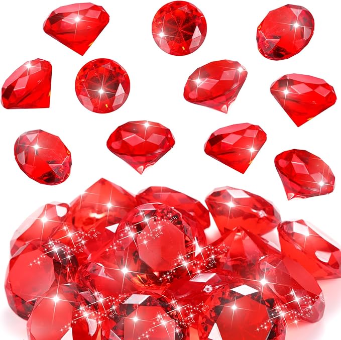 Zomiboo 16 Pcs Acrylic Diamond Large Gems Pirate Round Treasure Toy Gems Treasure Round Gemstones Acrylic Diamond Shaped Gemstones for Home Table Vase Fillers Party Decor (Red)