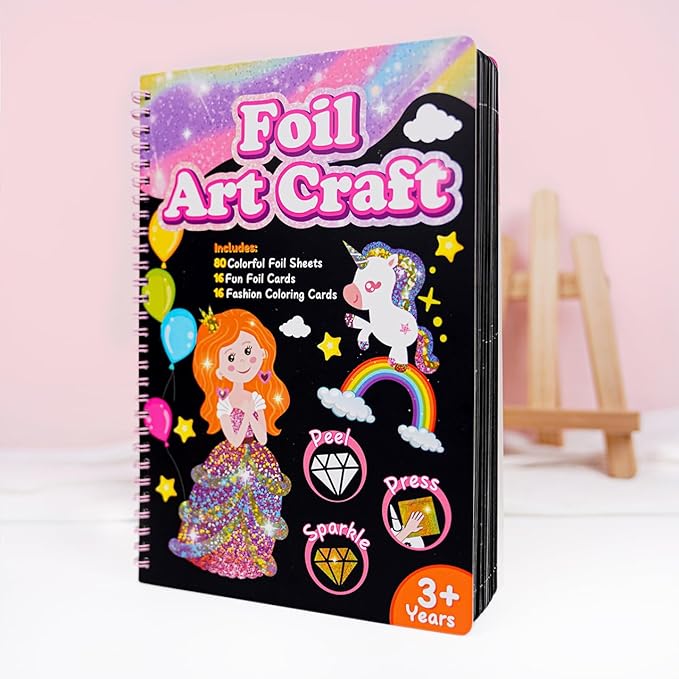 Fun & Mess-Free Foil Art Kit for Kids – 80 Foil Sheets & 32 Art Cards, No Glue Needed, Creative Craft Gift for Christmas Halloween Holiday Birthday（Princess Version）
