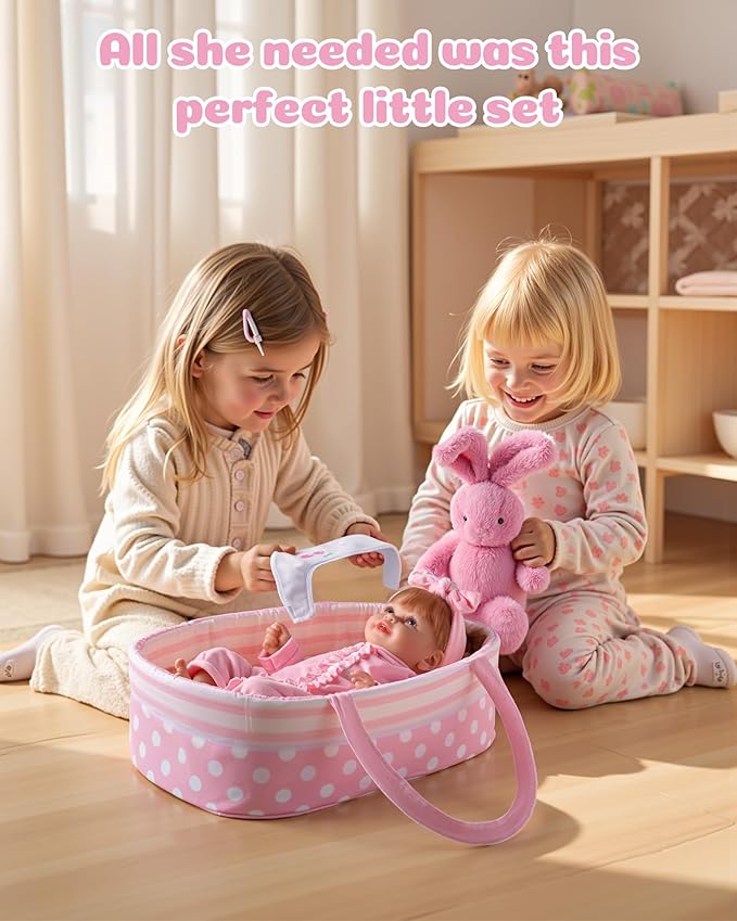 BABESIDE 8 Pcs Baby Doll Accessories, Reborn Baby Dolls Clothes with Bassinet for 17-22 Inch Baby Dolls, Outfit fit Newborn Babies Doll Girl, Babies Pretend Play Set