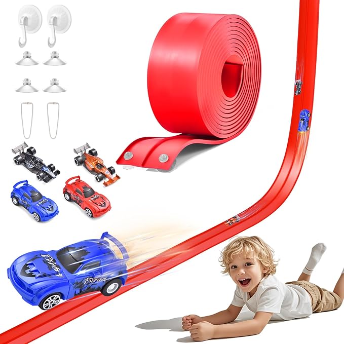 20 Ft Flexible Race Track Toys, Anti Gravity Car Track Set, Flex Race Car Ramp Track with Suction Cups - Rolls Up Portable DIY Race Track with 4 Racing Cars- Kids Race Car Track Toy (red)