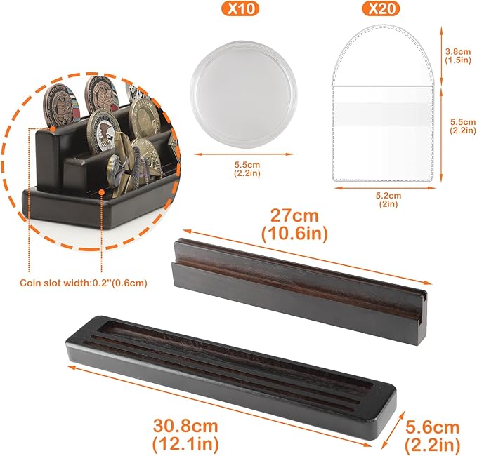 Military Coin Display Holder,Wooden Display Stand,4 Row Army Coin Case for Desk,Holders Set with Plastic Storage Bags and Storage Boxes,Brown