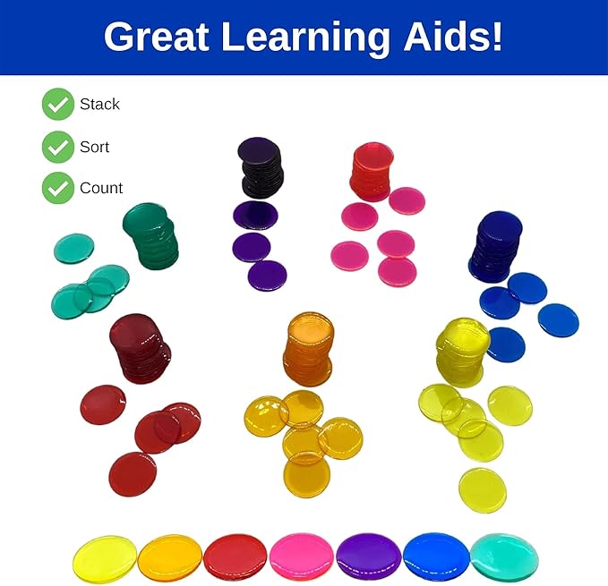 MR CHIPS Plastic Bingo Chips for Games 1000 Count Solid and Transparent Colors Counting 19 Color Choices 3/4 Inch 7/8