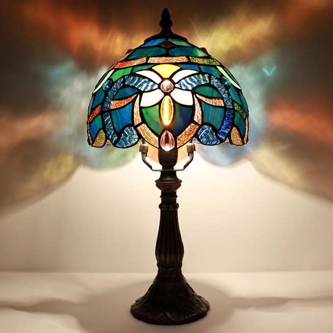 Small Tiffany Lamp Mini Accent Table Lamp Stained Glass Desk Memory Lamp Sympathy 8X14.5 Inch (Blue Baroque Style)