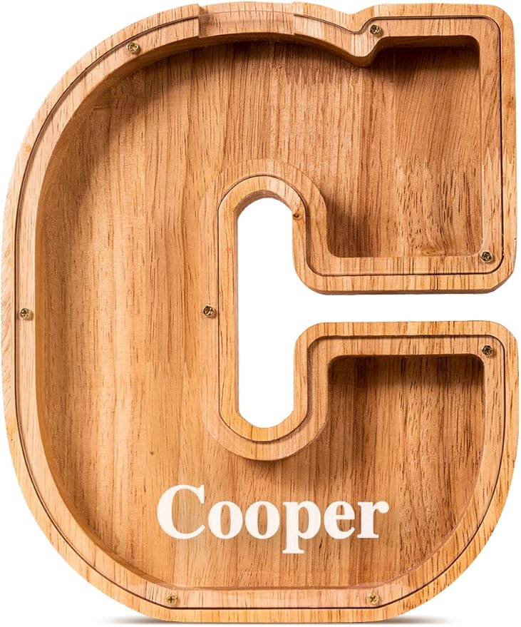 Summidate Customized Name Large Wooden Piggy Bank for Kids Boys Girls Alphabets Letter A-Z Coins Bills Money Change Bank Box Initial on Clear Cover (Laser Engraved) Educational Toys 9"- Letter C