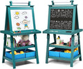Costzon Kids Art Easel, 3 in 1 Double-Sided Wooden Easel w/Magnetic Whiteboard, Chalkboard & Paper Roll, 2-Tier Rack w/ 2 Storage Boxes, Standing Easel for Kids, Toddlers, Boys, Girls (Blue)
