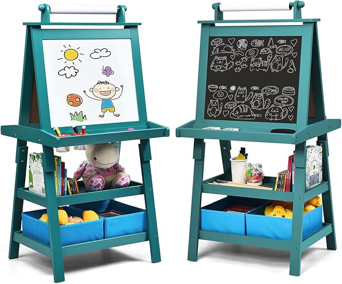 Costzon Kids Art Easel, 3 in 1 Double-Sided Wooden Easel w/Magnetic Whiteboard, Chalkboard & Paper Roll, 2-Tier Rack w/ 2 Storage Boxes, Standing Easel for Kids, Toddlers, Boys, Girls (Blue)