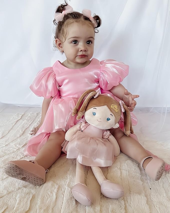 LeyaDoll Soft Baby Doll Toys (16''), My First Baby Rag Doll for 1 Year-Old Girl Birthday Gift, Christmas Plush Toys Gift for Toddler Kids Infants-Princess-Coral