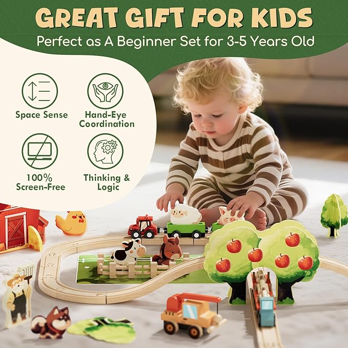 Lehoo Castle Wooden Train Set for Toddlers 2-4, Wooden Train Track, Farm Animals Toys for Ages 3-5, 3 Year Old Boy Gift, Toys for 4 Year Old Boys