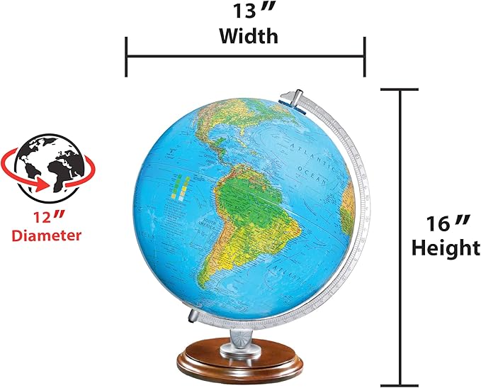 Standard Illuminated 12" Diameter Globe, USA Cartography with Walnut Finished Hardwood Base and Blue Ocean Globe Ball. A sleek walnut finished hardwood base and silver riser offer a perfect contrast to this beautiful geographic piece. When illuminated,...