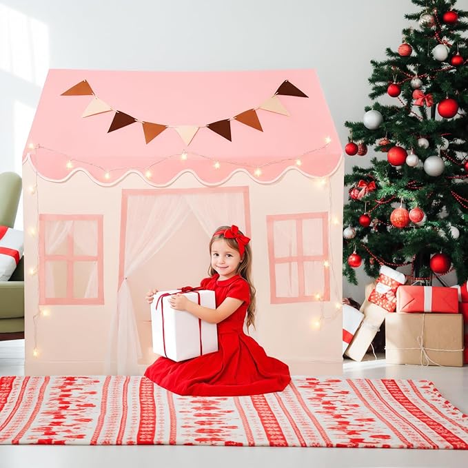 Kids Play Tent with Non-Slip Mat, Star String, Decorating Flag, Machine Washable Large Playhouse, Indoor and Outdoor Play Tent for Kids, Pink, 47" x 40" x 52"