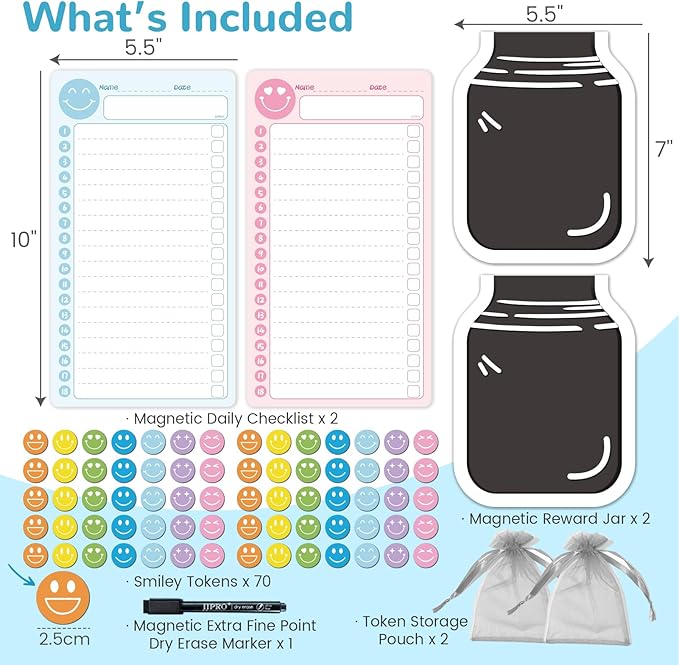JJPRO Magnetic to Do List for Kids with Smiley Faces Reward Jar- 10" x5.5“ Home Chore Chart for Fridge,Daily Checklist for Toddlers,Magnetic Reward Jar Positive Behavior Training -Blue&Pink