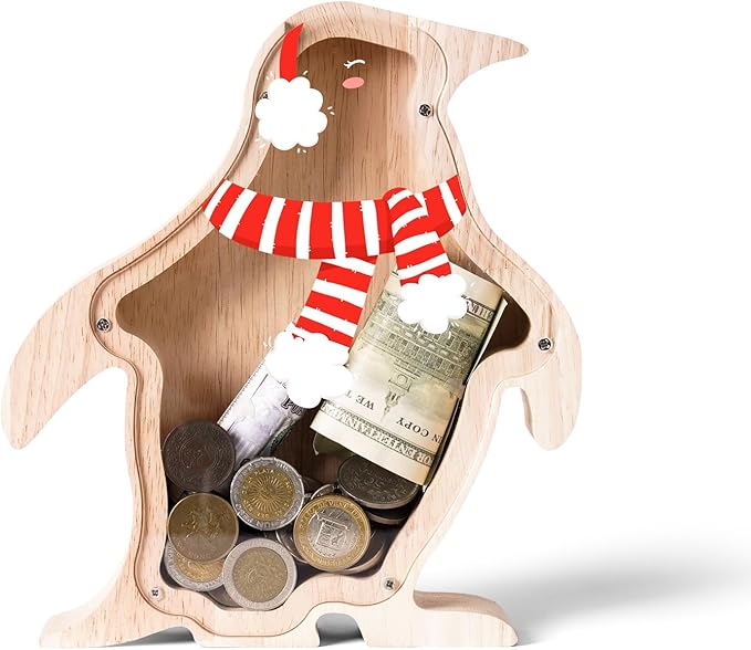 Wooden Christmas Piggy Bank for Kids, Adorable Penguin Piggy Bank with Acrylic Panels, Unbreakable Toddler Money Box for Boys Girls, Cute Saving Coin Jar for Birthday, Decor