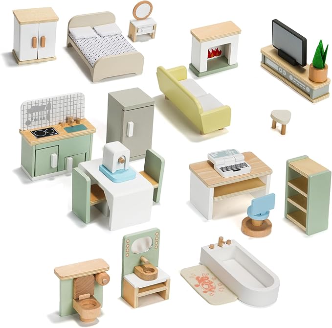 23PCS Wooden Dollhouse Furniture Set for 5 Rooms, Miniature Doll House Accessories & Furniture Toys for Toddlers, Indoor Scenes Pretend Play Toy for Kids 3+
