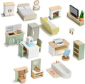 23PCS Wooden Dollhouse Furniture Set for 5 Rooms, Miniature Doll House Accessories & Furniture Toys for Toddlers, Indoor Scenes Pretend Play Toy for Kids 3+