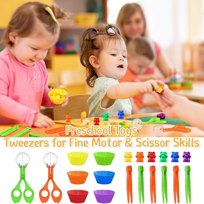 74 Pieces Counting Sorting Bears Sensory Bin Tools Fine Motor Skills Handy Scoopers Set Includes 60 Cute Rainbow Sorting Bears, 6 Jumbo Tweezers, 2 Scissors Clips and 6 Colorful Cups