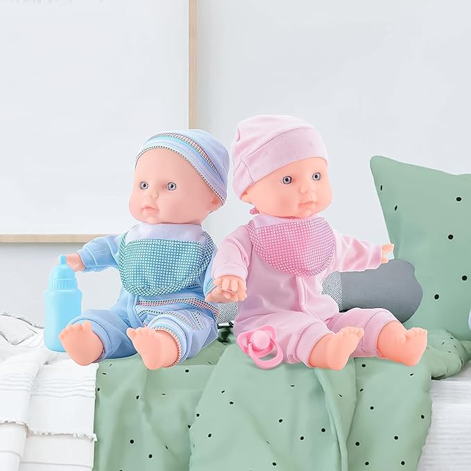 SMILESSKIDDO Twin Baby Dolls - 12 inch Two Soft Body Doll with Rompers, Hat and Pacifier, Doll Bibs, Dolls Play Set for 2 3 4 5 Year Old Boys and Girls Gift