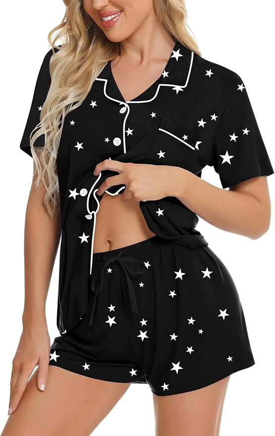 SWOMOG Womens Button Down Pajamas Set Short Sleeve Sleepwear Bride Soft Pj Lounge Sets XS-3XL