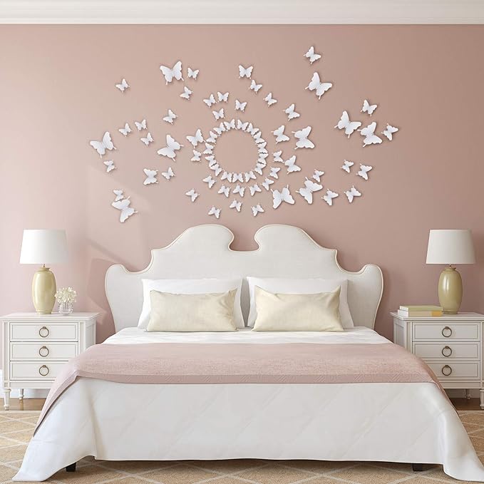 BBTO 48 Pieces Butterfly Wall Decor DIY Mirror 3D Butterfly Stickers Removable Decals for Home Bedroom School Bathroom Living Room Decor(White)