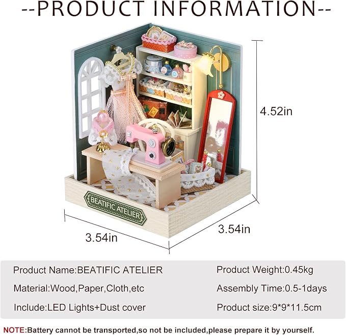 CUTEROOM DIY Doll House Miniature Furniture Wooden House Kit with Dust Cover & LED Light and Accessories - New Three Styles QT Series Dollhouse (QT047)
