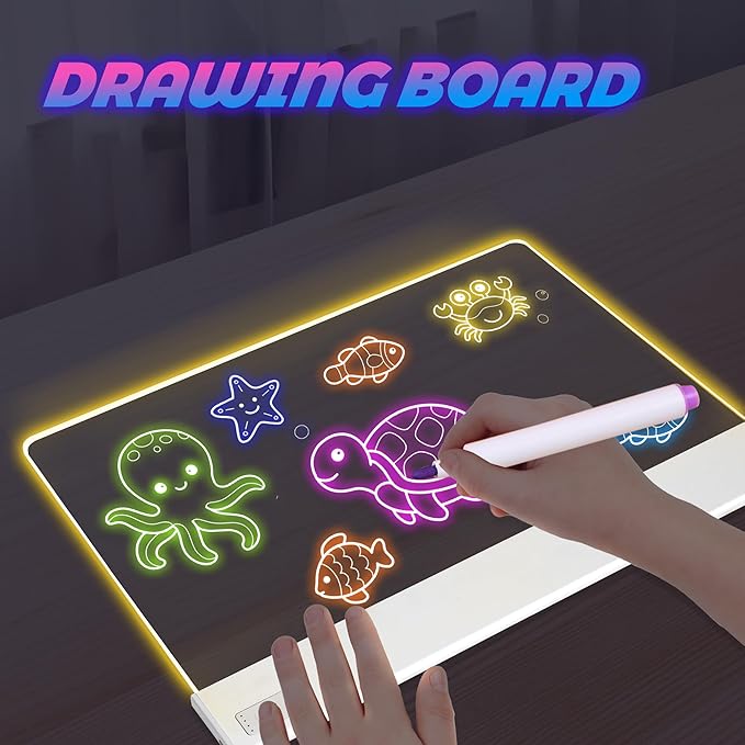 Doodle Glow, Led Drawing Board for Kids Aged 3 Above (Rechargeable Style),13.2"X10",7 Colors Doodle Glow Drawing Board, Include Led Board with Stand, 12 Markers, USB Cable