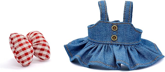 Doll Clothes Compatible with Labubu 17cm Cute Style Doll Outfit 2 Piece Set Including a Denim Dress and Red Bow - Dolls Skirt Accessories - No Doll (Blue)