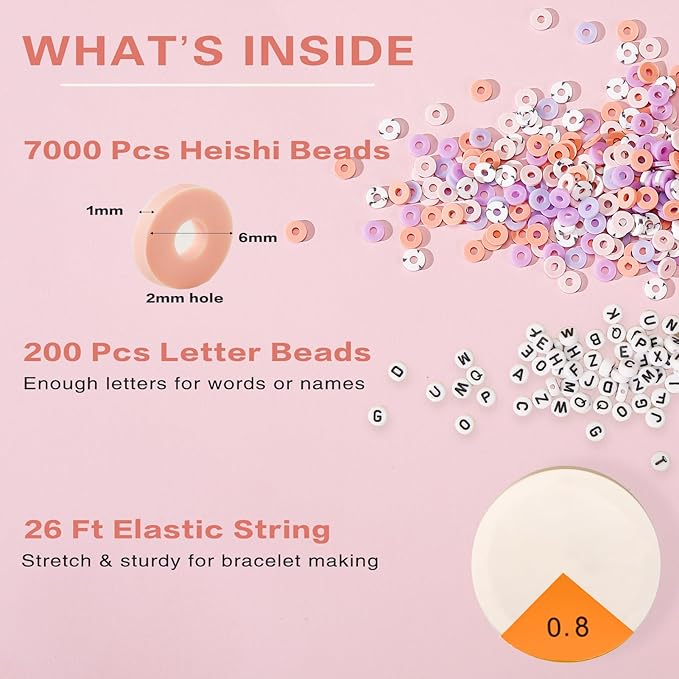 ADIIL 7200pcs Clay Beads Bracelet Making Kit, 6mm Polymer Heishi Beads for Jewelry Making, Friendship Bracelet Kit Birthday Gift for Adults Pink