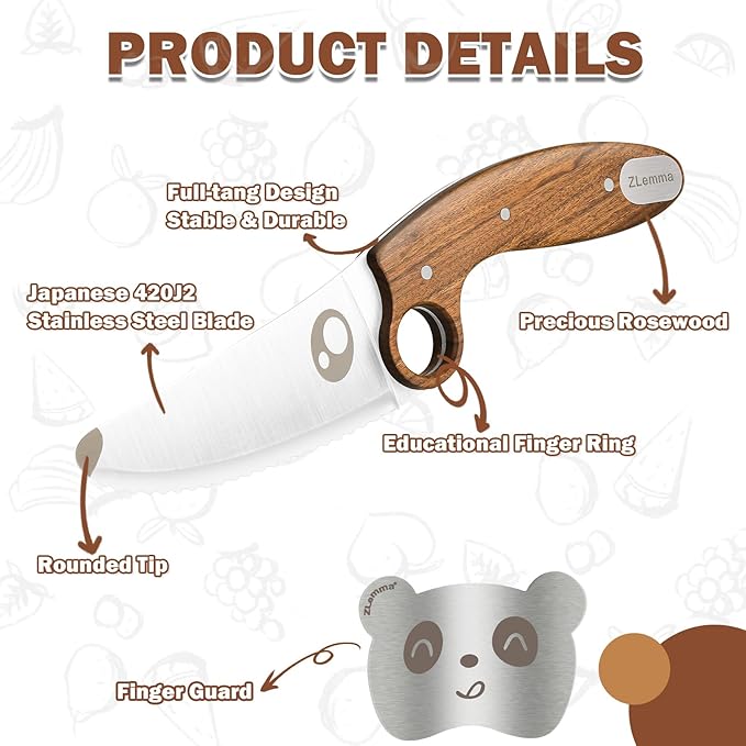 Kids Knife Set for Real Cooking with Educational Ring & Serrated Blade Edge & Panda Finger Guard 4-Pieces, Kids Chef Knife Set with Rosewood Handle Stainless Steel Blade For Starter Cutting Learning