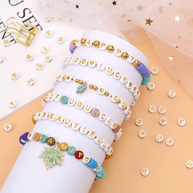 DECYOOL Letter Beads, 1900Pcs 4×7mm White Gold Acrylic Alphabet Beads with 1 Roll Elastic String for Bracelet Necklace Jewelry Making Supplies