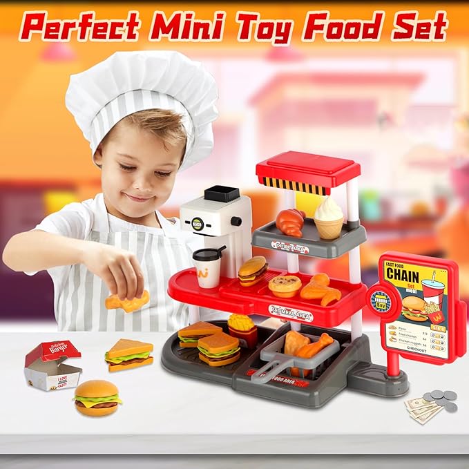Pretend Play Food Toy for Kids Kitchen with Cash Register, Coffee Maker, 71 Pcs Fast Food Set with Burger, Fries, Ice Cream, Play Money, Educational Birthday Gift for Boys Girls Ages 3-8 (Red)