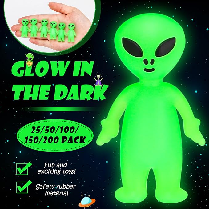 150 Pcs Mini Alien Figures Glow in The Dark Small Little Tiny Aliens Figurine to Hide and Seek for Space Party Favors Prank Rubber Toys Bulk Gifts for Halloween Party Goodie Bag Fillers