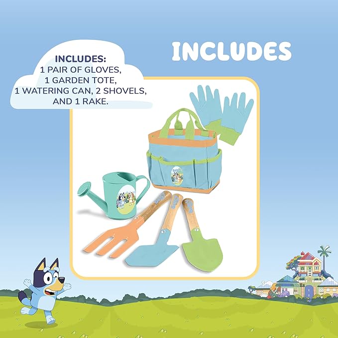 BLUEY Gardening Set | Quality Garden Tool Kit for Kids and Toddlers | Includes Watering Can, Gloves, Two Shovels, Rake and Tote Bag
