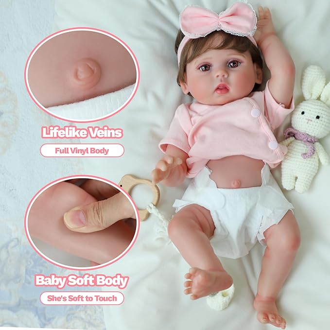 SCOM Reborn Baby Doll Girl - 18 Inch Realistic Real Life Doll with Hair, Silicone Baby with Anatomically Correct, Newborn Lifelike Toddler with Cloth Body & Vinyl for Age 3 4 5 6 + Year Old Gift